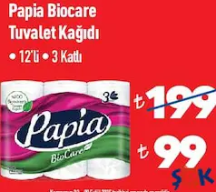 PAPİA BİOCARE TUVALET KAĞIDI 12'Lİ 3 KATLI
